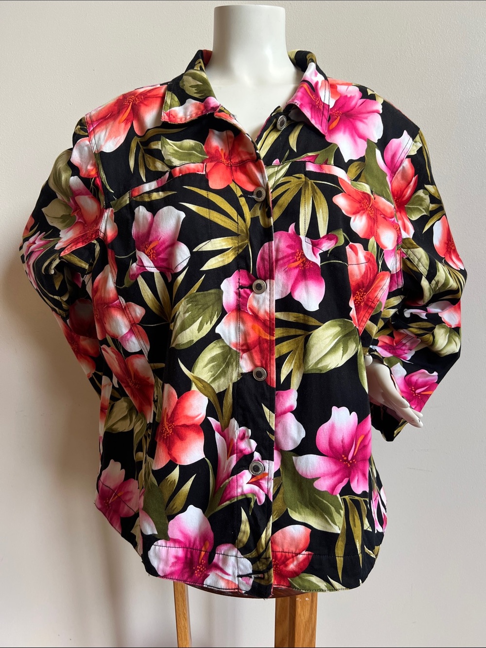 Caribbean Joe Floral Button-Front Jacket with Pink & Red Blooms